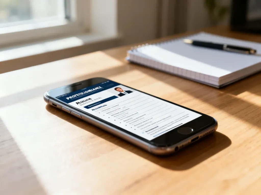 Smartfon z otwartym szablonem CV leżący na drewnianym biurku w domowym biurze.