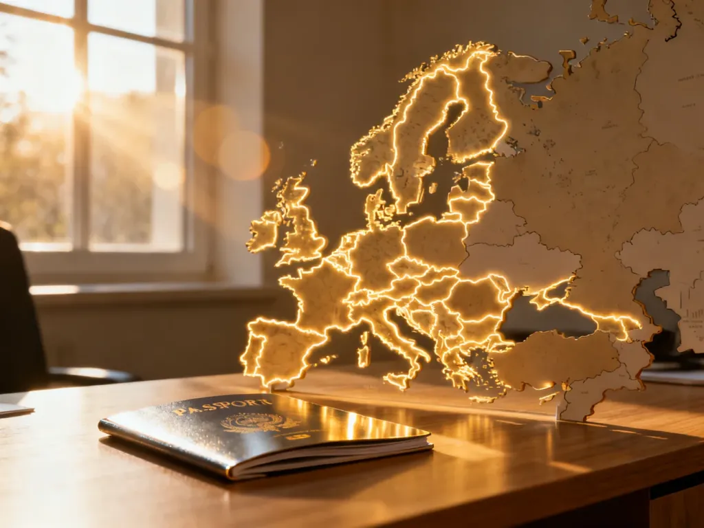 Otwarty paszport na tle podświetlonej mapy Europy, symbolizujący swobodne podróżowanie w strefie Schengen.
