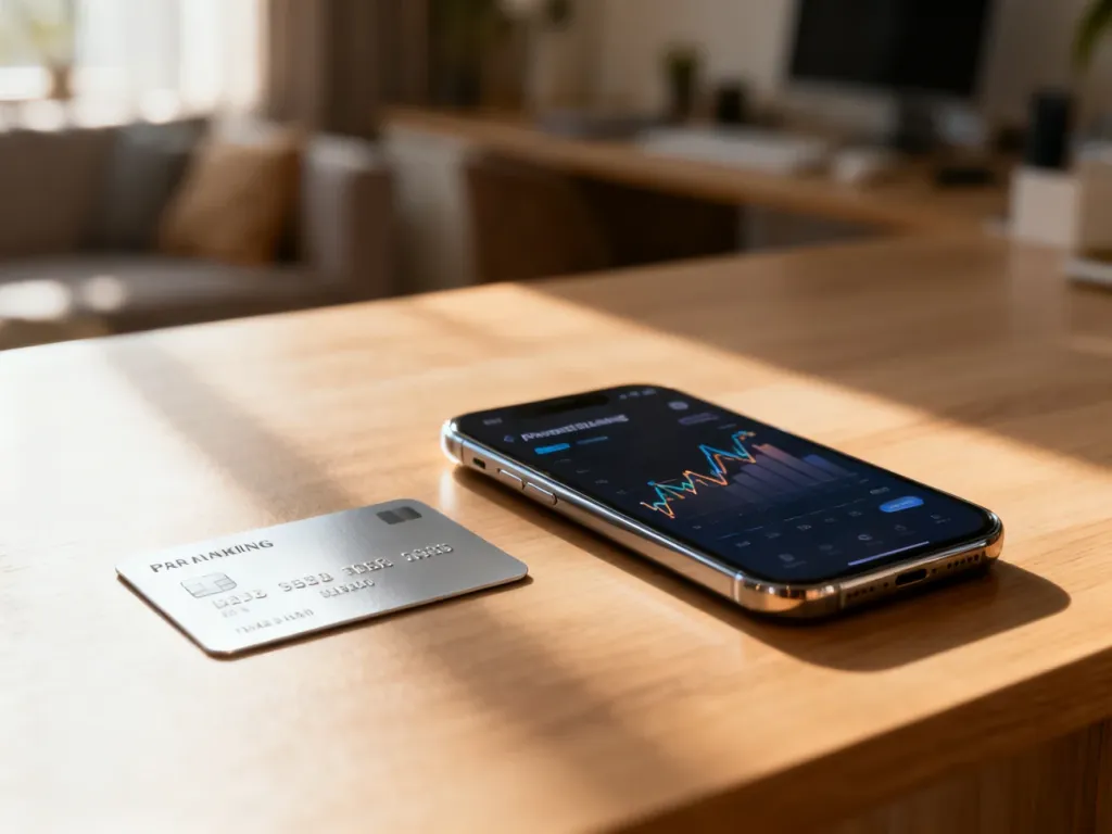 Srebrna karta płatnicza i smartfon z aplikacją bankową na drewnianym biurku, symbolizujące nowoczesne zarządzanie finansami.