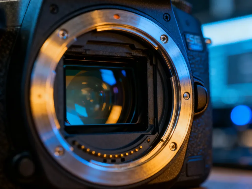 Zbliżenie na matrycę i elementy optyczne profesjonalnego aparatu cyfrowego, ukazujące precyzyjną budowę sprzętu fotograficznego.