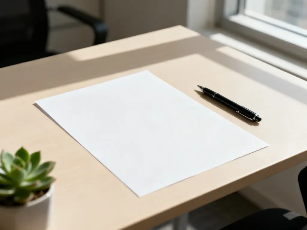 Czysta kartka papieru na biurku, gotowa do wypisania pierwszego CV. Minimalistyczna przestrzeń sprzyjająca pracy.